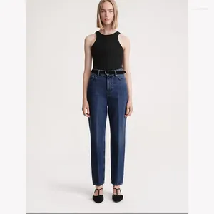 Frauenhose dunkelblaue, verjüngte Jeans Herbst Frauen hohe Taille Back Logo Patchwork Lose Jeanshose