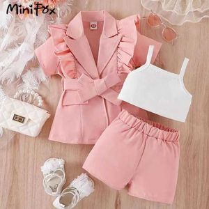 Zestawy odzieży Minifox Girls Blazer Zestawy różowe marszczenia płaszcz lapowy+upraw top+spodenki 3PCS Ubrania dla dzieci Elegancki garnitur dla dzieci Y240520F0S8