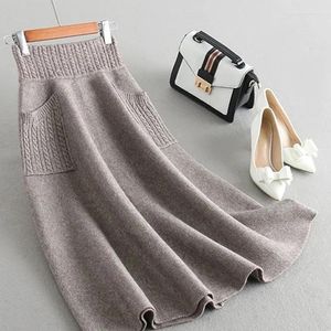 Saias mexzt lã malha plissada midi mulher sólida cintura alta uma saia de linha outono inverno coreano elegante bolso slim casual