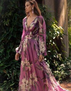 Mode Autumn Women Dresses Bohemian Floral Printed V Neck Long Sleeve Pleated Casual Chiffon Dress Whole Y09256133141