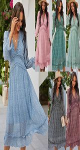 2021 Kvinnor Luxurys Designers Dresses Evening Party Wear Long Sleeve Sexig V Neck Beach Dress Loose Sundress Womens Clothes Print Ruffle Shirt1197953