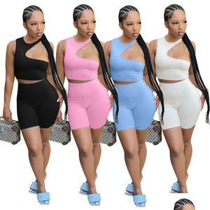 Women'S Tracksuits 2024 Designer Summer Women Outfits Two Piece Sets Sleeveless Hollow Out Tank Top And Shorts Sweatsuits Fitness Sp Dhl6F