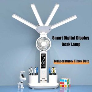 Lamps Shades 3in1 Multifunction Table Lamp LED Four-headed Folding With Fan Calendar Clock USB Rechargeable Desk light 3 color Reading Lamp Y240520B9F6