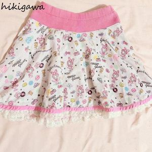 Spódnice japońskie dla kobiet słodkie lato Jupe 2024 Faldas Mujer de moda słodka kreskówka A-line saia patchwork koronki mini spódnica