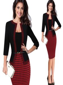 Hgte Womens Awumn Retro Faux Jacket OnePeece Polka Dot Contrast Patchwork Wear to Work Office Business Платье Y190529014978735