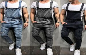 Mode män rippade jeans jumpsuits street stylist nödställda hål denim bib overaller för män högkvalitativa hängbyxor storlek m3032402