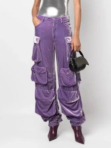 LaUtaro Spring Spring Baggy Baggy Purple Velvet Calça de carga reta para mulheres com muitos bolsos Cantura alta Roupas de designer de luxo 240517