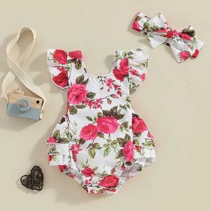 Jumpsuits Newborn Infant Girls Floral Bodysuits Fly Sleeve Square Neck Ruffle Romper with Headband Sets Baby Summer Clothes Y240520E7SC