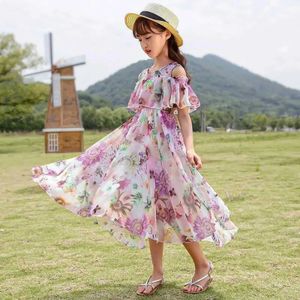 Mädchenkleider Mädchen Casual Kleid Mode Chiffon Summer Exklusive Ausschnitt kurzärmelig Blumendruck Solid Color Childrens Sun Rock D240520