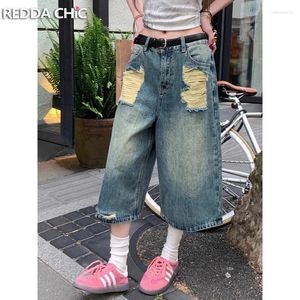 Kvinnors jeans rödakiska kvinnor förstörde överdimensionerade denimshorts y2k Vintage Wash Frayed Ripped High midjebaggy jorts koreanska streetwear