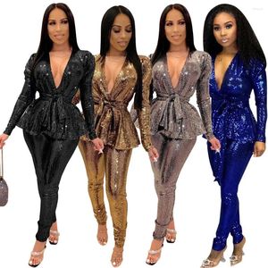 Women's Two Piece Pants 2024 Winter Women Sets Stamping Tracksuits Full Sleeve Sashes Tops Suit Set Night Club Party Outfits