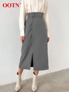 Ootn Street Gray Split Midi Skirts女性ファッションカジュアルブラックハイウエストスカートスプリングエレガントな長いストレートスカート