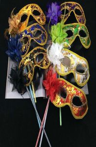 Nowe maski imprezowe dla dorosłych Złoty Tkanina powlekana kwiatem Side Venetian Masquerade Decorations Maska na patyku Carnival Halloween CO8391243