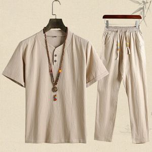 Letnie mody koszuli męskie Zestaw bawełniany lniany koszula krótkie rękawe męskie mens