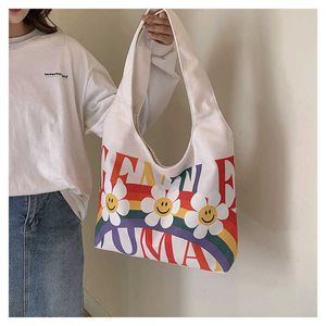 Rainbow Flower Gentle Woman Colorful Printed Canvas Bag 2024 Ny stor kapacitet Casual Shoulder Bag 240520