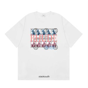 Rhude high end designer t skjortor för modeoljemålning klocka kokosnöt träd tryck dubbel garn ren hip hop män och kvinnor avslappnad kort ärm thirt med 1: 1 original tagg