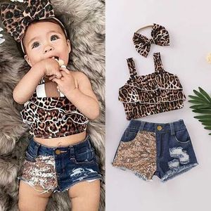 Clothing Sets 0-3Y childrens denim dress sleeveless leopard print top vest fashionable jeans shorts 2021 summer clothing set J240518