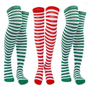 女性の靴下弾性太もものハイ3ペア緑の白い縞模様のストッキングがホリデークリスマスステージパフォーマンスパーティーのために高い弾力性を備えています