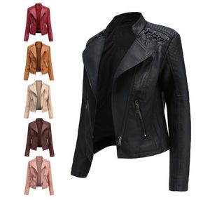 2020 New Spring and Autumn Women Leather Slim Standup Collar 재킷 패션 지퍼 지퍼 단색 Longleeved Biker Leather Jacke2825689