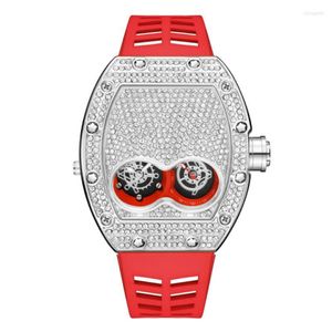 Armbandsur Pintime Original Luxury Full Diamond Iced Out Watch Bling-Ed Rose Gold Case Red Silicone Strap Quartz Clock för män 202T