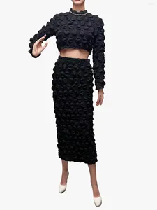 ワークドレス女性の水滴バブル長袖トップスカートセットボディコンカジュアルハイウエストスカートプラスサイズ2024