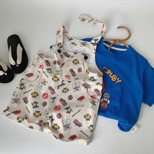 Jumpsuits Childrens Summer Full Shorts 2024 Nowy uroczy kreskówka swobodne dzieci kombinezony pełny zestaw śliniaków dla chłopców i dziewcząt Y240520U1V4