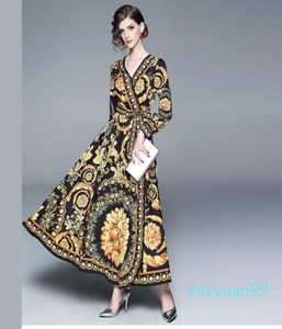 Women Summer Lond Dress Holiday Maxi Loose Sundress Floral Print Vneck Long Sleeve Elegante Dresses Cocktail Party Baroque 20213734321