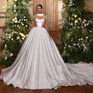 Removeable O-Neck Satin Wedding Dresses for Bride Sweetheart Beading Pleat Wedding Gown Sweep Train Church A Line Bridal Dress