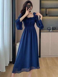 Blue Elegant Pleated Bandage Backless Dresses Women's Autumn New Flare Long Sleeve Evening Party Dress Square Neck Retro Korean