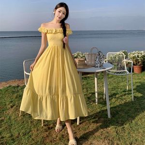 New Women's Yellow Ruffle Edge Flying Sleeve Pleated Long Dress Summer High Waist Square Neck Vacation Backless Evening Dresses