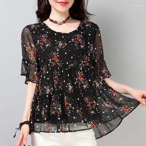 Polos dla kobiet 2024 Top Top Floral Print Casual Fashion Szyfonowa Bluzka Kobieta Flare krótkie rękawa luźna koszula pulower