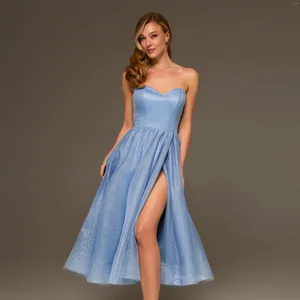 Vestidos de festa Prom de lantejoulas azuis para mulher, namorada, mangas de alta fenda vestidos de gala sem costas vestidos de noite