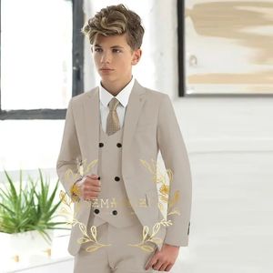 Bonito de meninos bege filhos ternos de casamento smoking smoking calça de colete formal 3 peças 3-16 Tamanhos personalizados Roupas infantil 240520