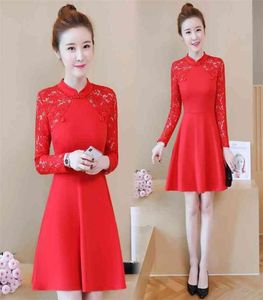 Women039s Spring Autumn Dress Chinese Style Cheongsamstyle Lace Solid Color Longsleeved Thin Short es LL903 2105068871662