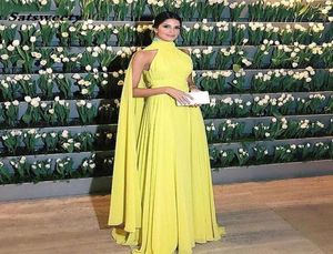 Abendkleider Dubai Formal Prom Dress Women Elegant Chiffon Ruched High Neck Cape Yellow Evening Gowns 2021 Vestido Longo Festa3284150