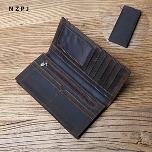 NZPJ Vintage Leather Mens Wallet Mad Horse Leather Long Cell Phone Bag First Layer Cowhide Multi-card ID Bag 240520