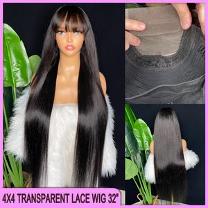 180% Density Peruvian Indian Brazilian Natural Black Silky Straight 4x4 Transparent Lace Bang Wig 32 Inch 100% Raw Virgin Remy Human Hair