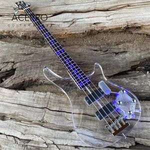 Gitara 4-strunowa Niebieska LED LED Electric Gitara Gitara Przezroczysta akrylowa kryształowy korpus klon szyi mahoniowy palec palec wx WX