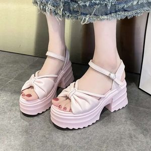 Kadınlar kalın yaz platformu tokası 399 alt ayakkabılar 8cm takozlar topuklu gündelik sandalet rahat pembe bowknot terlikleri f40