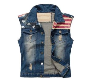 GINZOUS Men039s casual stars and strip print patch design denim vest American flag holes ripped coat Plus large size tank top758279085650