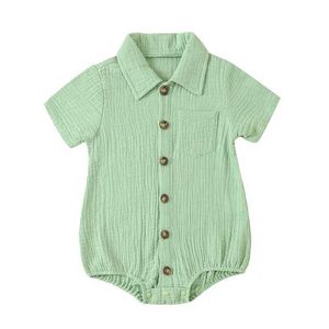 Tulumlar Yaz Bebek Kız Erkek Gömlek Romper Düz Renk Dönüşü Yaka Kısa Kollu Yeni doğan Giysiler İçin Tulumlar Bebek Bodysuits Y240520ltn4