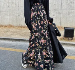 2024 Yeni Moda Fransız Vintage Gül Çiçek Uzun boylu kadın ayak bileği uzun etek Küçük mizaç A-line etek