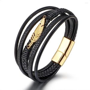 Bangle Light Luxury Multi-Layer äkta läder handvävd fjäder rostfritt stål charm armband för män magnetisk lås