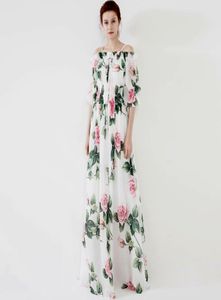 Women039s Runway Dresses Slash Neckline Short Sleeves Floral Printed Elastric Waist Elegant Long Designer Dress3334603