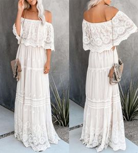 Donne in pizzo Maxi Abiti da spalla Solido abito bianco Long Fashion Summer 20201191993