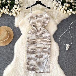 Casual Dresses Summer French Sexy Body Midi Dress For Holiday Women Ink Paint Print Mesh Slim Wrap Hip Backless Sleeveless Sling