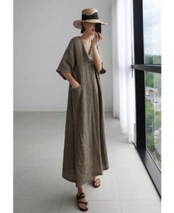 Kvinnor LINEN VNECK LOOK Dresses Korean Vintage Solid Color Pocket Design Maxi Robe Kimono VKDR21478077282