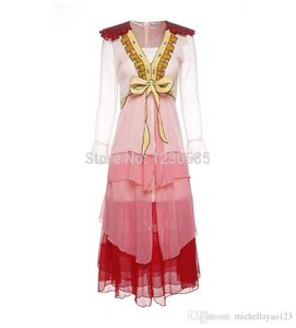 شحن مجاني 2017 Pink Deep v Twlar Long Sleeves Ruffles Long Women Dress Vintage Selecins Dress Evening Party Elegant5627080
