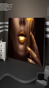Large African Woman Face Canvas Art Posters And Prints Golden Sexy Lips Canvas Paintings On the Wall Art Picture For Living Room7059572