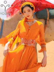 Casual Dresses YOSIMI Long Women Dress Desert Travel 2024 Summer Rayon Fit And Flare Maxi Ankle-Length Bandage Empire Beach